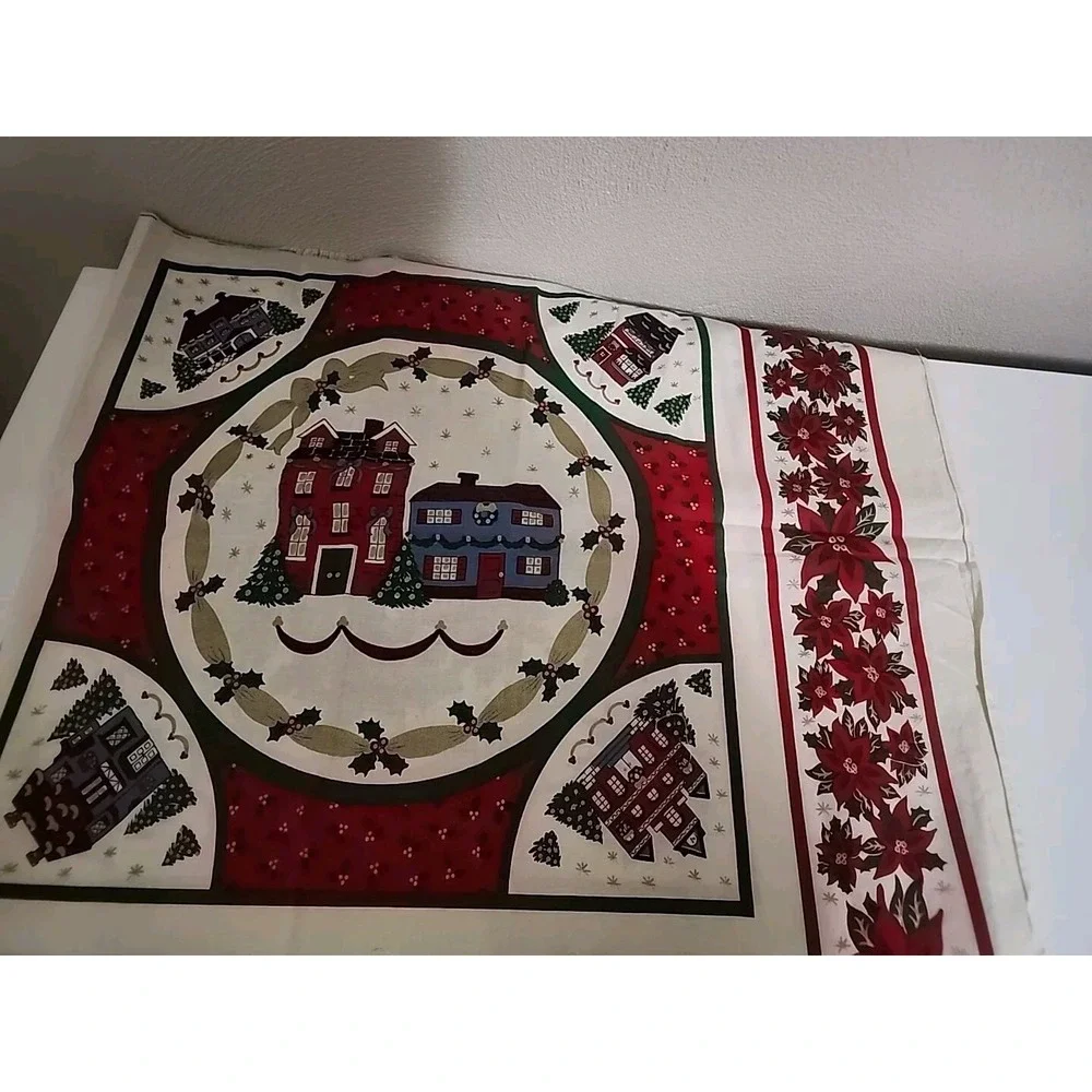4 Weilwood Christmas Fabric Panel Poinsettias‎ Houses Village Lot Vtg Pillow